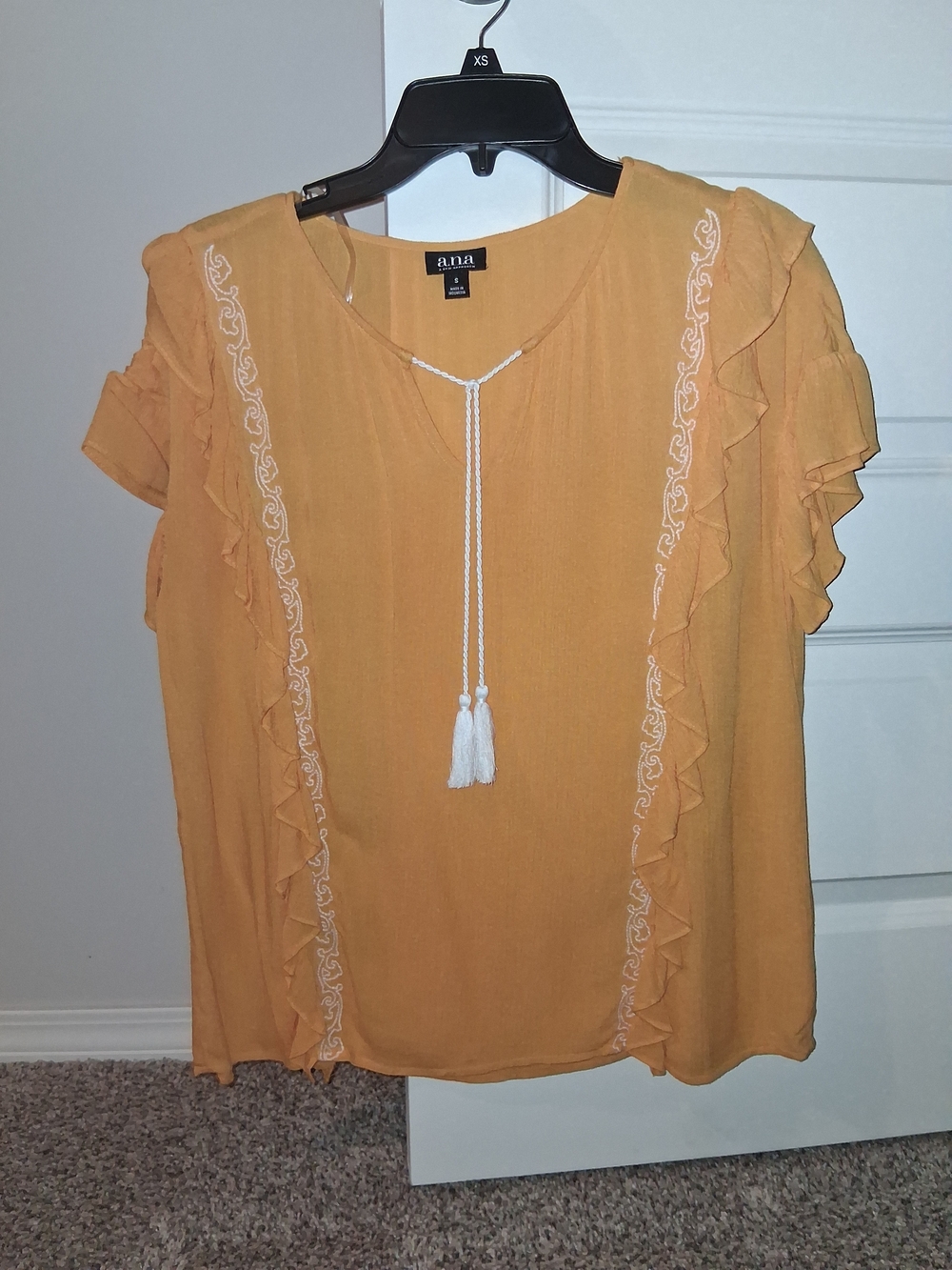 a.n.a Mustard Ruffle Sleeve Peasant Top with Tassel Tie